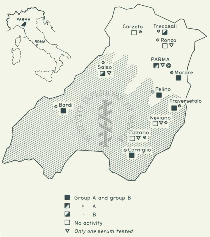 In alto a sinistra piccolo disegno dell'Italia, al centro della foto, in evidenza, il disegno della zona di Parma dove sono indicate varie località caratterizzate da simboli, dei quali è riportata la leggenda nella parte sottostante della foto