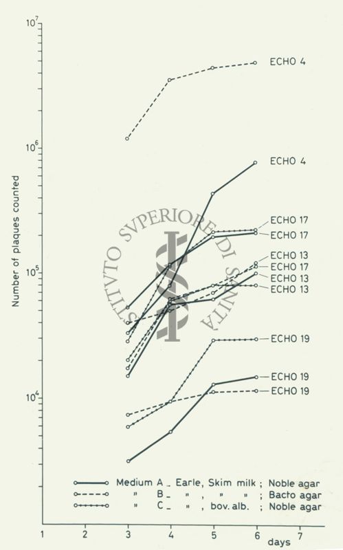 Grafico: sull'asse delle ordinate è scritto: Number of plaques counted, sull'asse delle ascisse sono riportati i giorni. All'interno del grafico vari parametri: ECHO 13, ECHO 17, ECHO 19. In basso è presente una leggenda