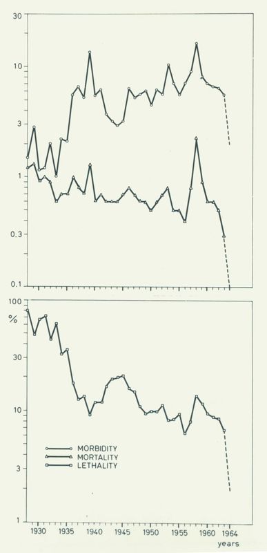 Due grafici sovrapposti. Sotto quello in basso vi è una leggenda riferita alla morbidità, mortalità e letalità riportata nei grafici