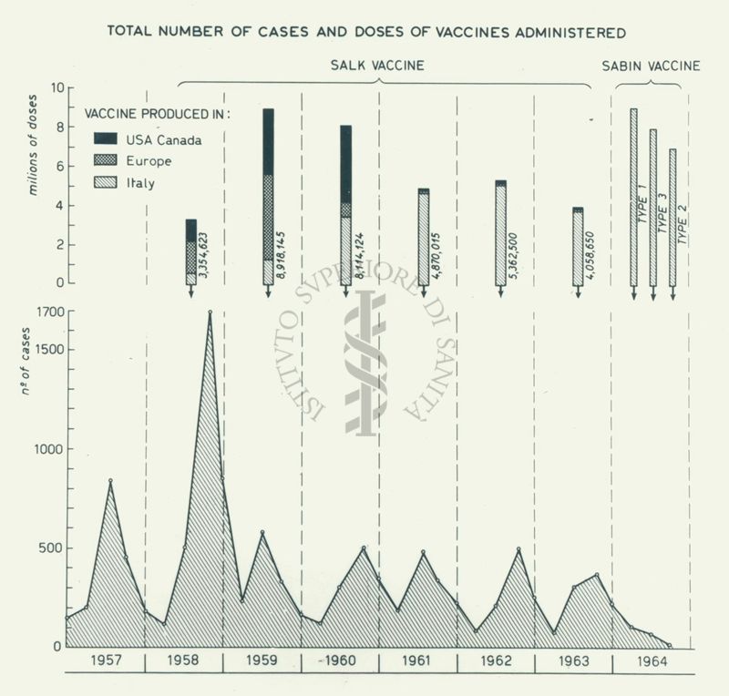 Due grafici sovrapposti che riguardano i vaccini prodotti negli Stati Uniti-Canada, in Europa e in Italia