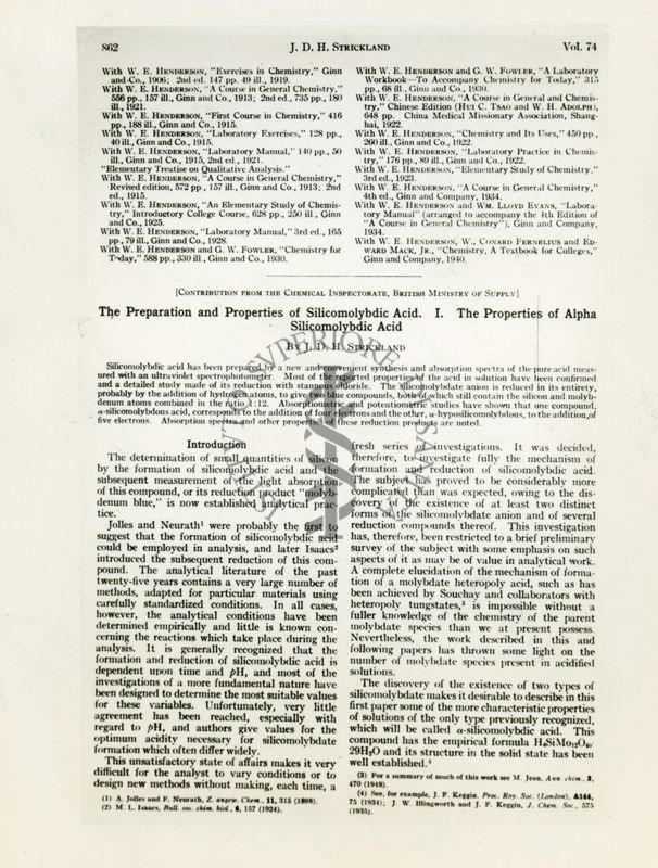 The Preparation and Properties of Silicomolybdic 
Acid I. The Properties of Alpha Silicomolybdic Acid