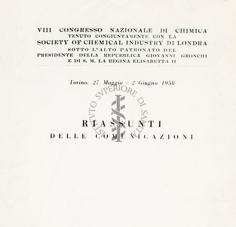 Testata dei riassunti delle comunicazioni all'VIII Congresso Nazionale di Chimica