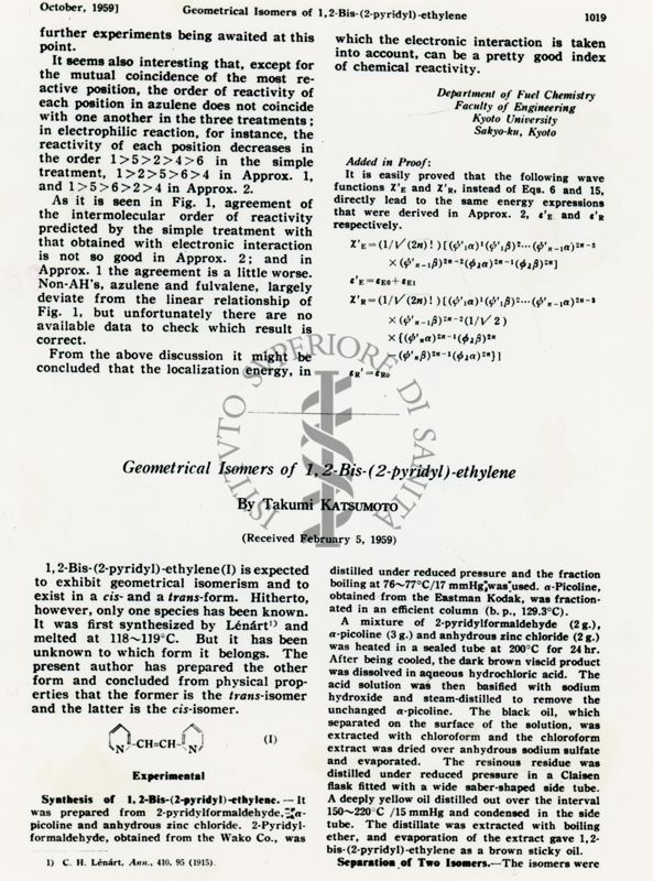 Prima pagina dell'articolo Geometrical Isomers of 1,2-Bis-(2-pyridyl)-ethylene, di Takumi Katsumo, 1959