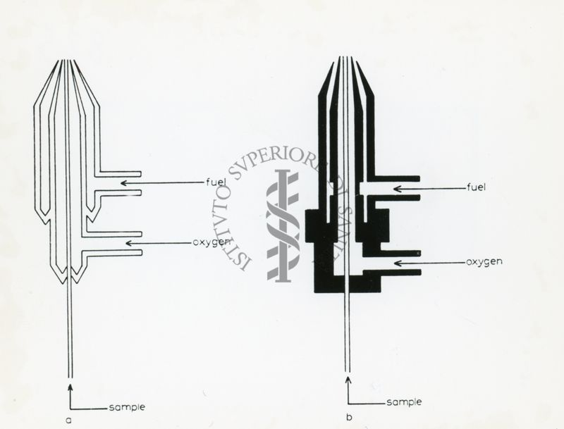 Schema di bruciatore per fotometria di fiamma. Sono evidenziati gli ingressi (dal basso) del campione, dell'ossidante, e del combustibile