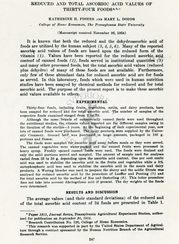 Prima pagina dell'articolo: Reduced and total ascorbic acid values of thirty-four foods di Katherine H. Fisher e Mary L. Dodds, 1954