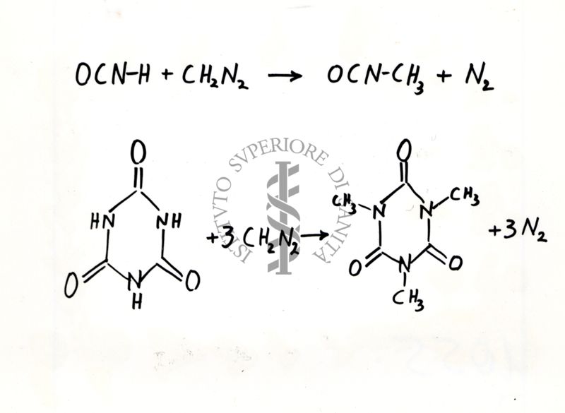 Metilazione con diazometano (CH2N2) dell'acido isocianico e dell'1,3,5-triazinano-2,4,6-trione con produzione di 1,3,5-trimetil-1,3,5-triazinano-2,4,6-trione