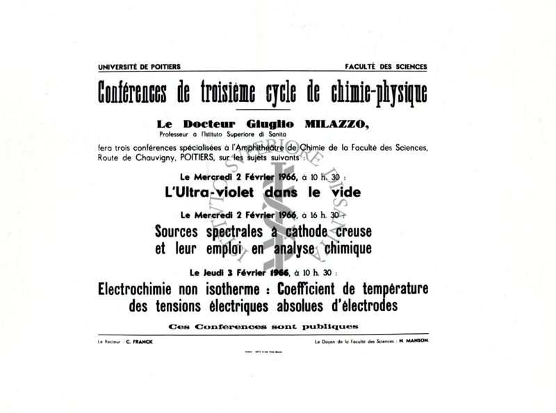 Locandina delle conferenze di terzo ciclo di chimica-fisica (Università di Poitiers