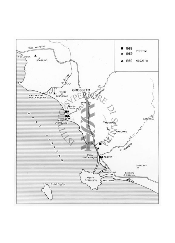 Carta topografica del territorio circostante la foce dell'Ombrone (Grosseto), con l'indicazione di siti di cattura positivi e negativi, di insetti (probabilmente mosche)