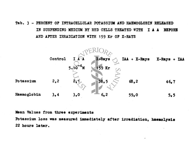 Tab. 3 - Percent of intracellular potassium and haemoglobin released in suspending medium by red cells with IAA before and after irradiation with 159 Kr of x-rays