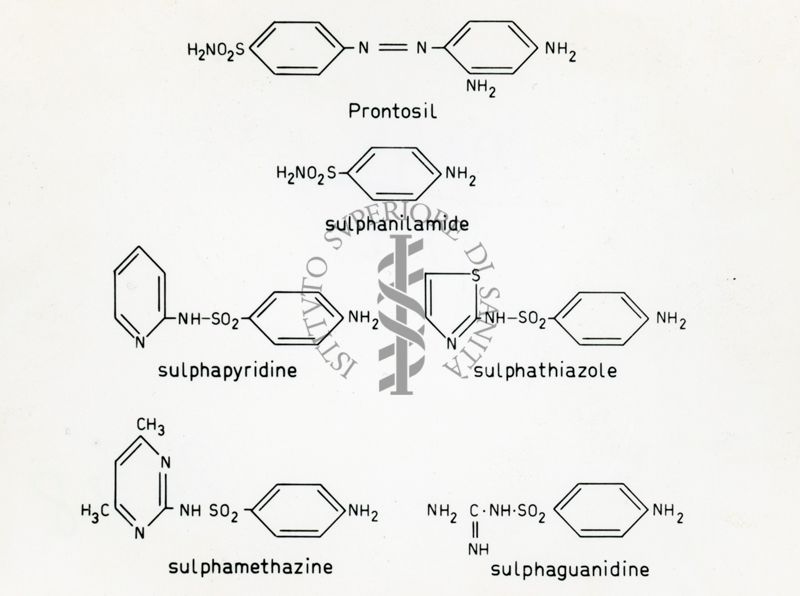 Formule di struttura del Prontosil, della Sulfanilamide, della Sulfapiridina, del Sulfatiazolo, della Sulfadimidina e della Sulfaguanidina