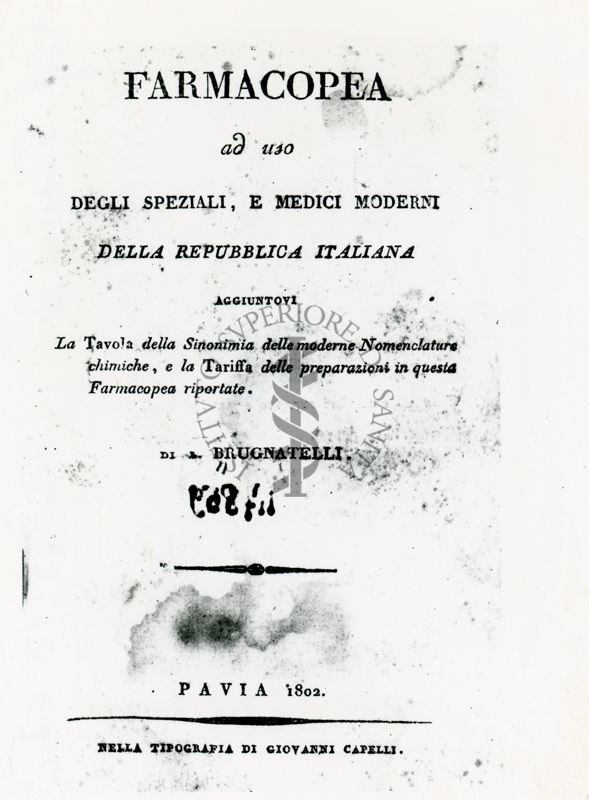 Frontespizio della "Farmacopea ad uso degli speziali e medici moderni della Repubblica Italiana" (1802)