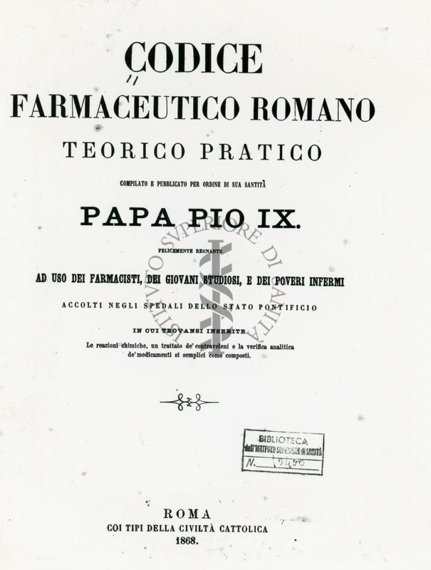 Frontespizio del "Codice Farmaceutico Romano Teorico Pratico" compilato e pubblicato per ordine di sua Santità Papa Pio IX (1808)