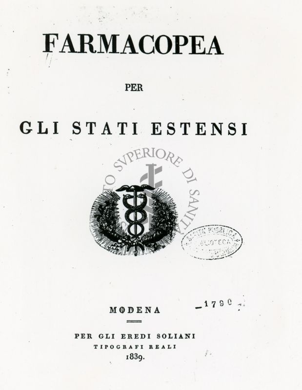 Frontespizio della "Farmacopea per gli Stati Estensi" (1839)