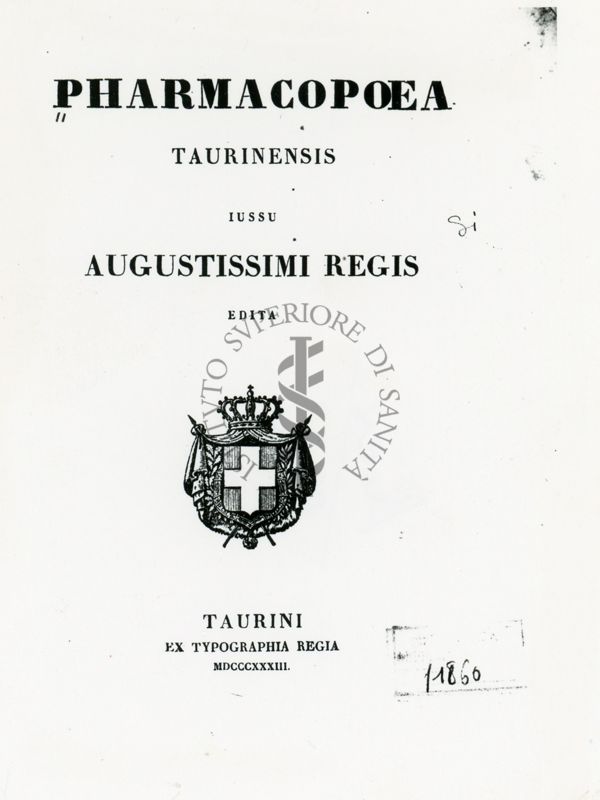 Frontespizio della "Pharmacopoea Taurinensis jussu Augustissimi Regis edita" (1833)