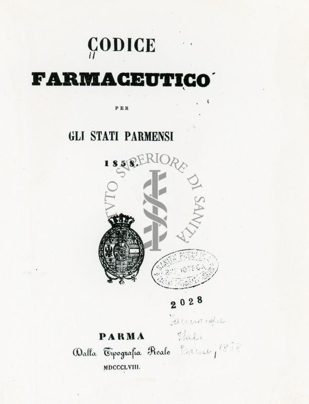 Frontespizio del "Codice Farmaceutico per gli Stati Parmensi" (1858)