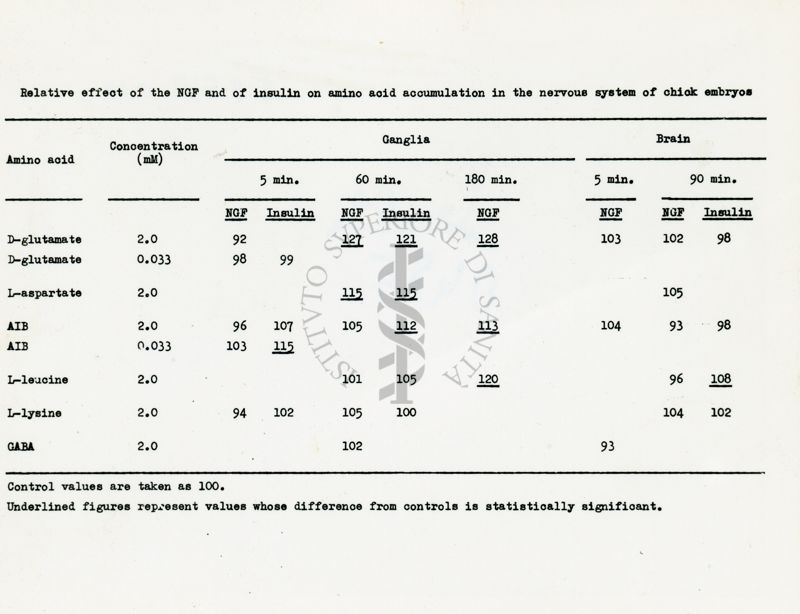 Effetto relativo di NGF e di insulina sull'accumulo di aminoacidi nel sistema nervoso dell'embrione di pollo