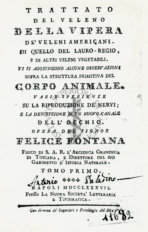 Frontespizio del "Trattato del veleno della vipere, de' veleni americani, di quello del lauro regio e di altri veleni vegetabili" (1787)