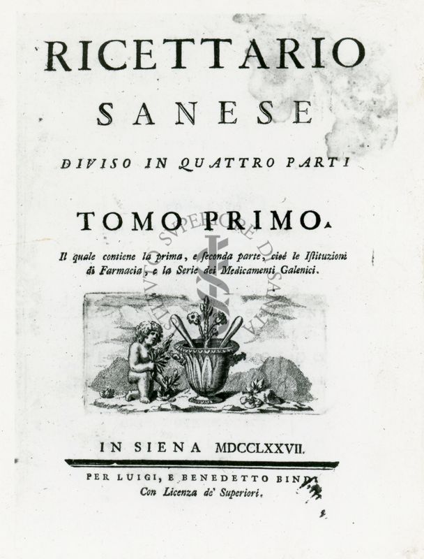 Frontespizio del "Ricettario sanese diviso in quattro parti (Tomo primo)" (1777)