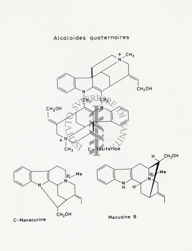 Formule di struttura degli Alcaloidi quaternari C-Toxiferine, C-Mavacurine e Macusine B