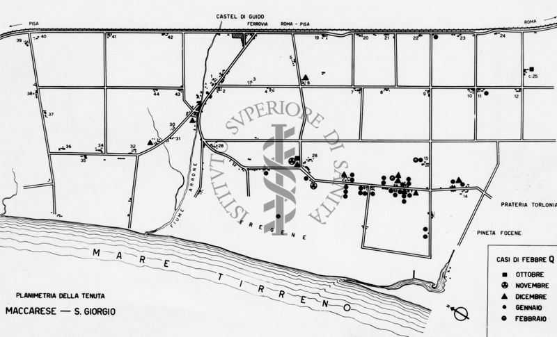 Pianta topografica di Maccarese - S. Giorgio (Roma) con focolai di febbre Q..