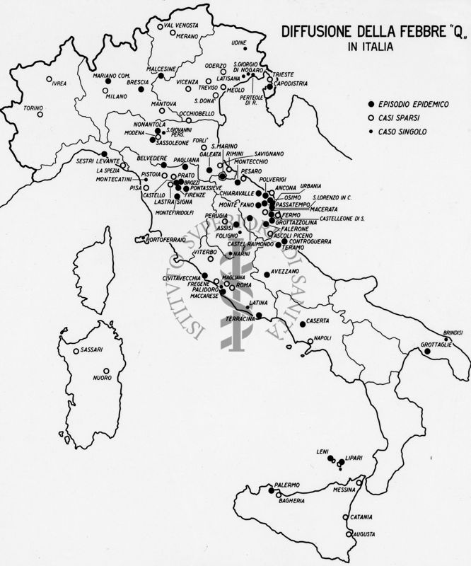 Cartogramma riguardante la diffusione della febbre Q in Italia