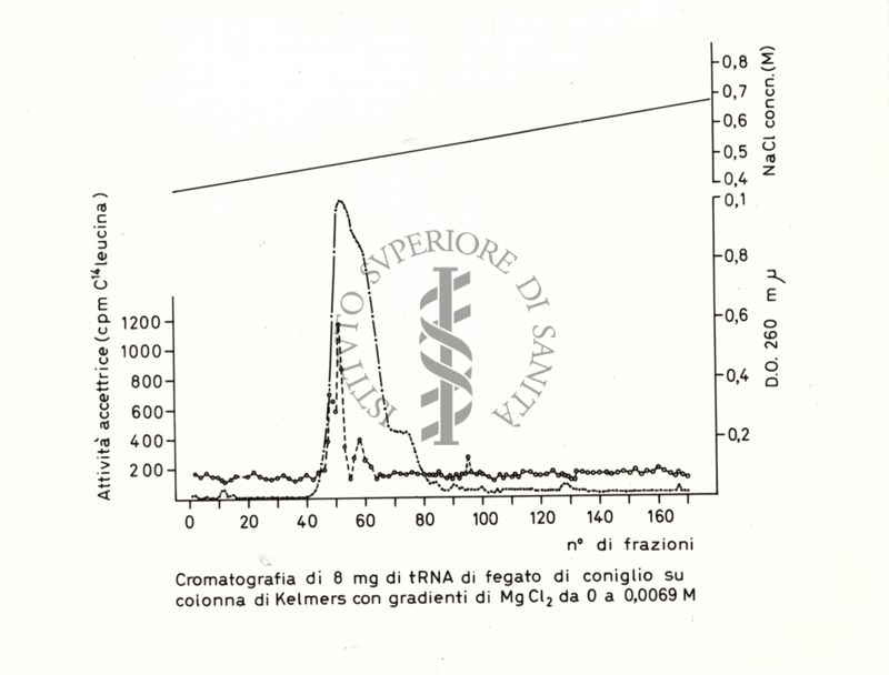 Grafico riguardante la cromatografia di 8 mg di tRNA di fegato di coniglio su colonna di Kelmers