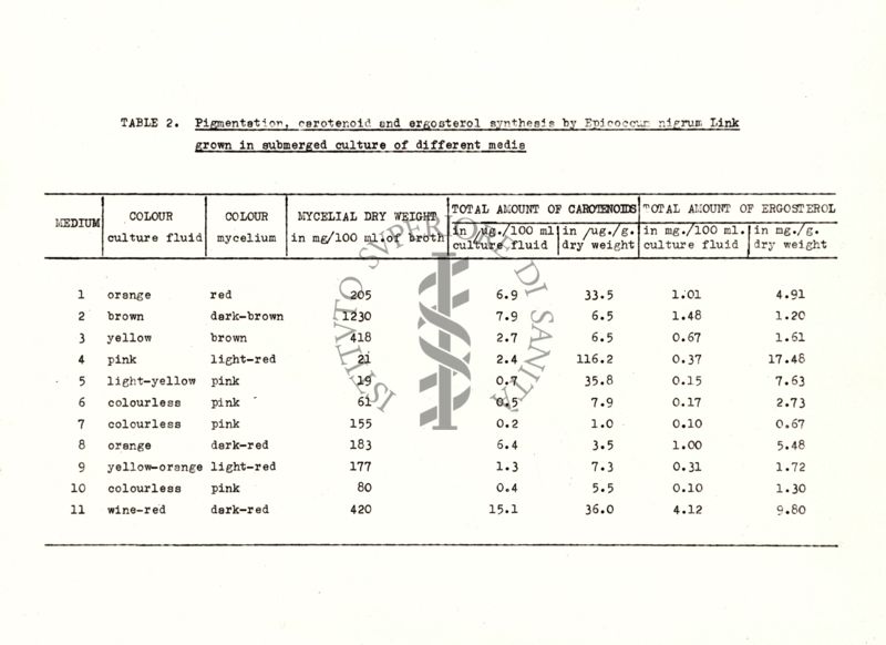 Table 2 - Pigmentation, carotenoid andergosterol synthesis by Epicoccum nigrum Link grown in submerged cultureof different media