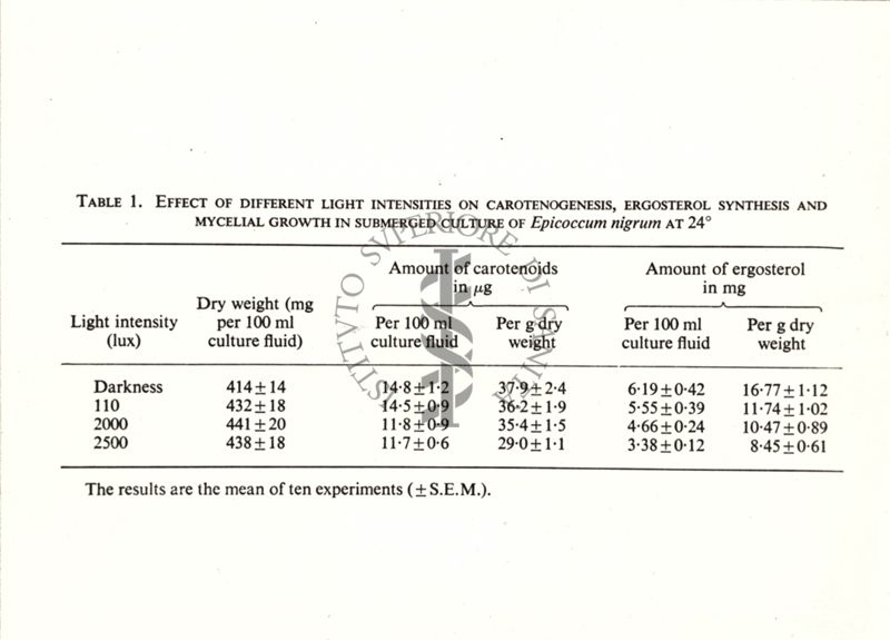 Table 2 - Effect of different light intensities, on carotenogenesis, ergosterol, synthesis and mycelial growth in submerged culture of Epicoccum nigrum at 24°