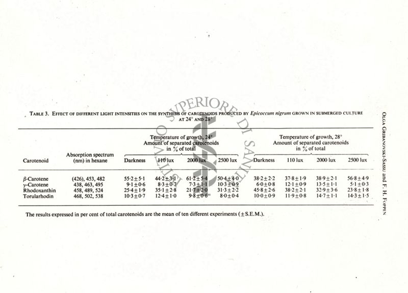 Table 3 - Effect of different light intensities on the synthesis of carotenoids produced by Epicoccum nigrum grown in submerged culture at 24° and 28°