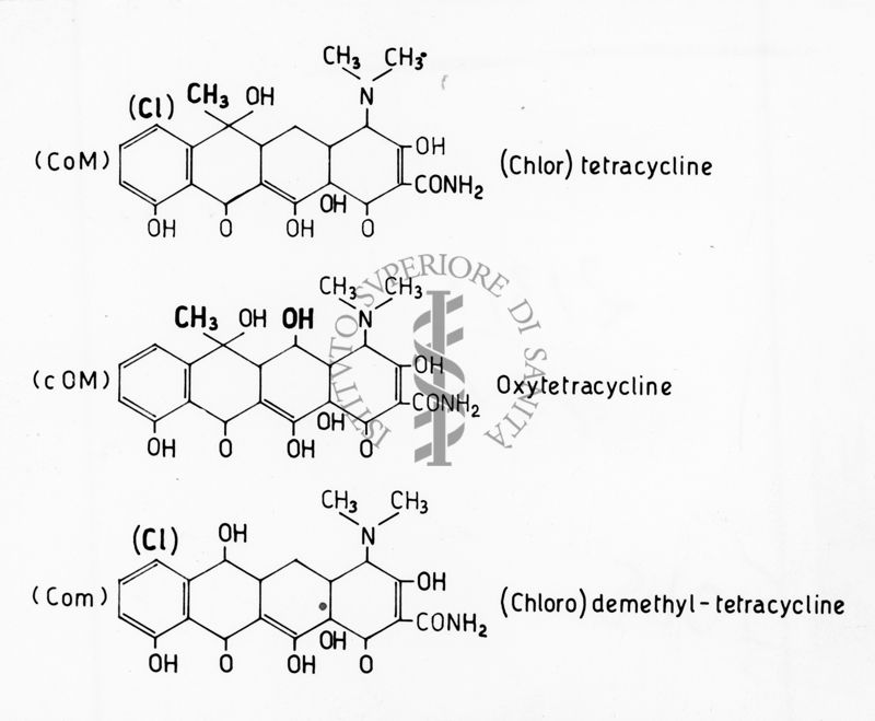 Formule di struttura di (Chlor) tetracycline, Oxytetracycline e (Chloro) demethyl-tetracycline