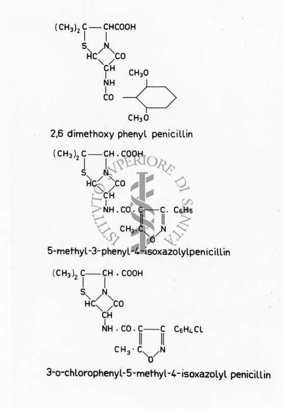 Formule di struttura di 2,6 dimethoxy phenyl penicillin, 5-methyl-3-phenyl-4-isoxazolyl penicillin e 3-o-chlorophenyl-5methyl-4-isoxazolyl penicillin