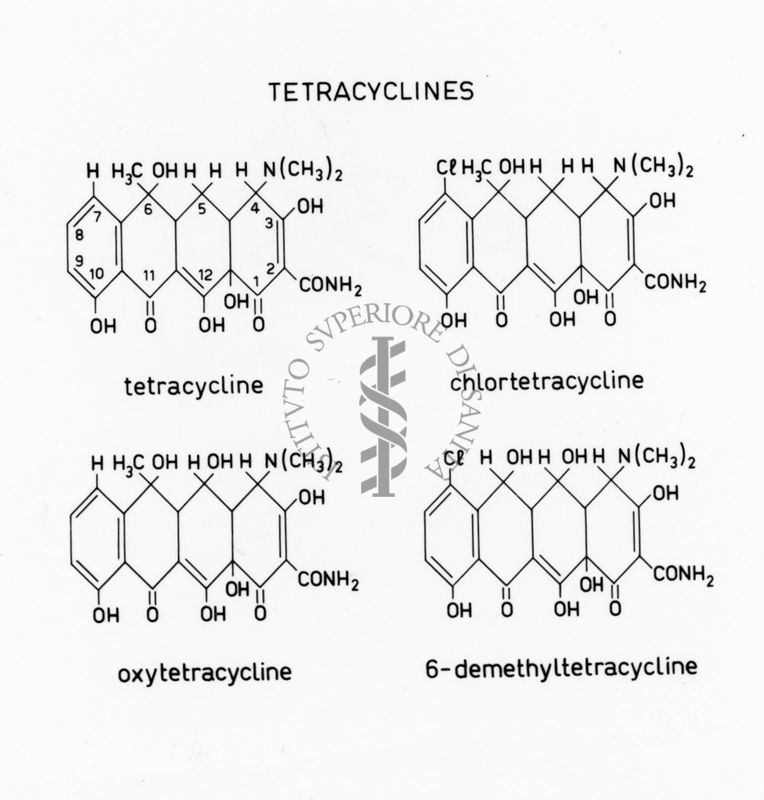 Formule di struttura di tetracycline, chlorotetracycline, oxytetracycline e 6-demethyltetracycline