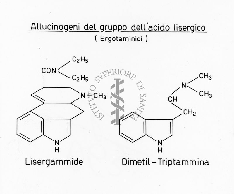 Allucinogeni del gruppo dell'acido lisergico (Ergotaminici) - Formule di struttura di Lisergammide e Dimetil-Triptammina