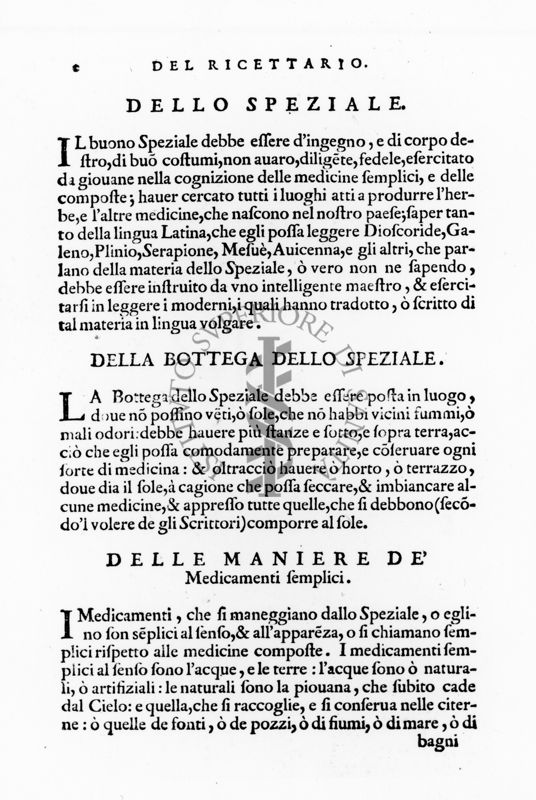 Del Ricettario dello Speziale, della Bottega dello Speziale e delle maniere de' Medicamenti semplici