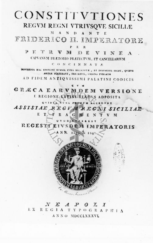 Frontespizio del libro "Costitutiones Regum Regni Sicilie" (1786)