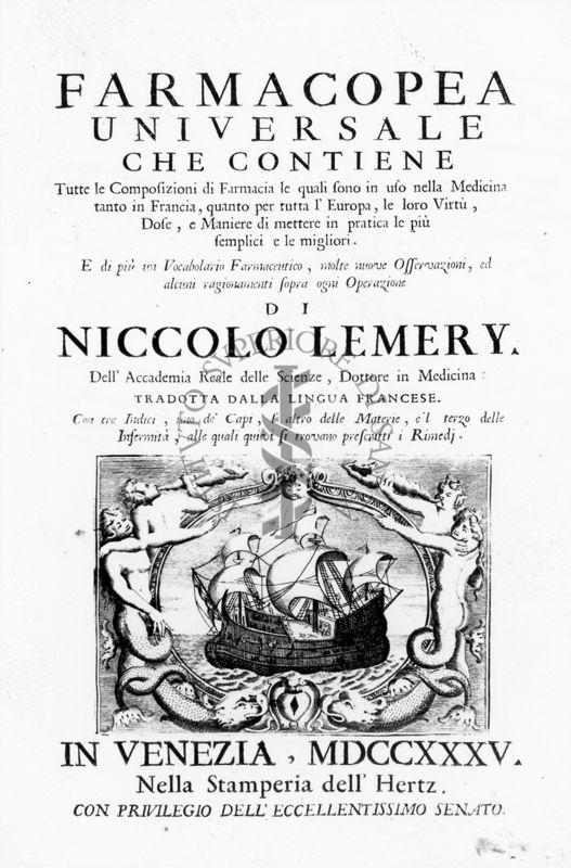 Frontespizio del testo "Farmacopea Universale" di Nicolò Lemery (1735)