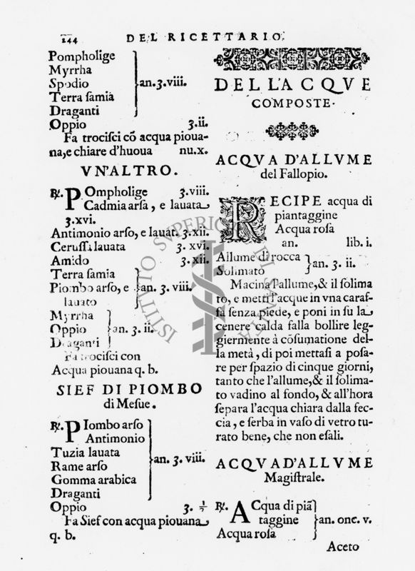 Pagina sul Ricettario dell'Acque Composte tratta dal "Ricettario Fiorentino Di Nuovo Illustrato" (1623)