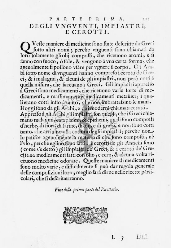 Paragrafo "Parte Prima. Degli Unguenti, Impiastri e Cerotti" tratto dal "Ricettario Fiorentino Di Nuovo Illustrato" (1623)