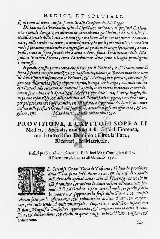 Paragrafi "Medici Et Spetiali" e "Provisione e Capitoli sopra Li Medici e Spetiali, non solo della Città di Fiorenza ma di tutto il suo dominio circa la Tara, Ricettari e Matricole" tratti dal "Ricettario Fiorentino Di Nuovo Illustrato" (1623)