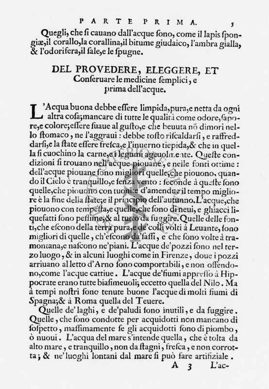 Paragrafo "Del Provedere, Eleggere et Confermare le medicine semplici e prima delle acque" tratto dal "Ricettario Fiorentino Di Nuovo Illustrato" (1623)