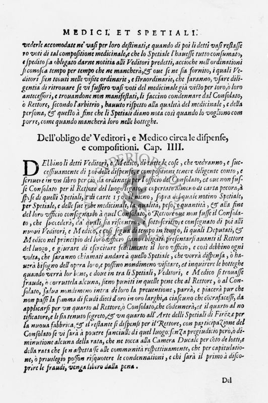 Paragrafi "Medici Et Spetiali" e "Dell'obligo de' Venditori e Medico circa le dispense e le composizioni. Cap. IIII" tratti dal "Ricettario Fiorentino Di Nuovo Illustrato" (1623)