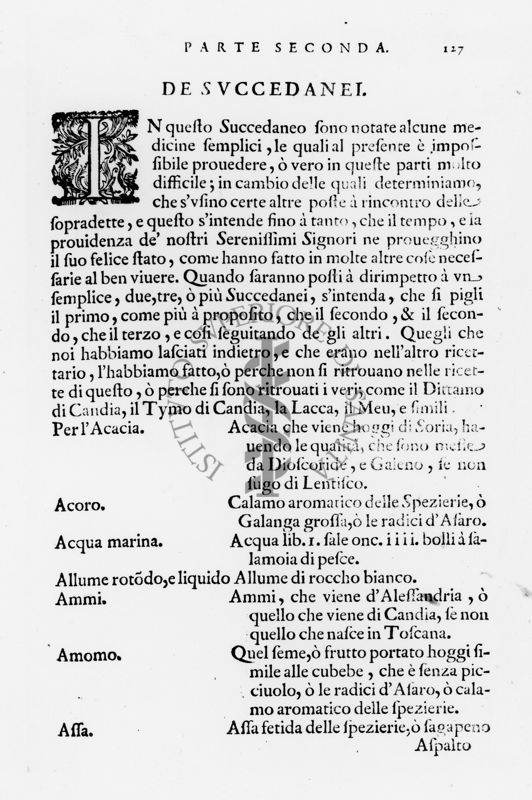 Paragrafo "Parte Prima, De Succedanei" tratto dal "Ricettario Fiorentino Di Nuovo Illustrato" (1623)