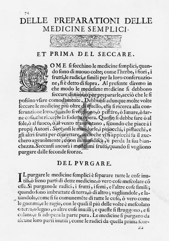 Paragrafo "Delle Praparationi delle Medicine Semplici" tratto dal "Ricettario Fiorentino Di Nuovo Illustrato" (1623)