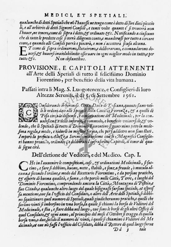 Paragrafo "Provisione e Capitoli Attenenti all'Arte delli Speziali di tutto il felicissimo Dominio Fiorentino, per beneficio della vita humana" tratto dal "Ricettario Fiorentino Di Nuovo Illustrato" (1623)