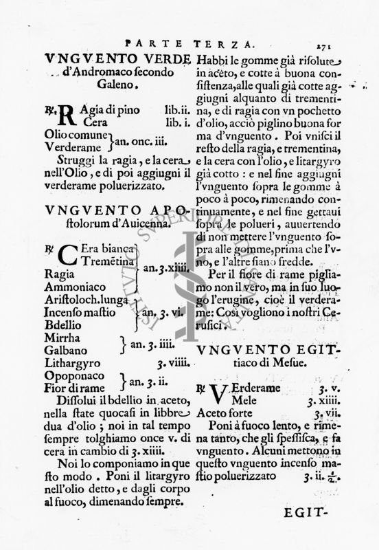 Paragrafi "Unguento Verde d'Andromaco secondo Galeno", "Unguento Apostolorum d'Auicenna" e "Unguento Egittiaco di Mefue" tratti dal "Ricettario Fiorentino Di Nuovo Illustrato" (1623)