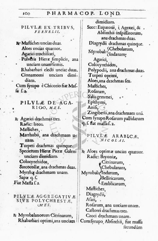 Pagina che indica alcune preparazioni farmaceutiche (pilulae) tratta dal testo "Pharmacopoeia Londinensis in Qua Medicamenta Antique et Nova" (1639)