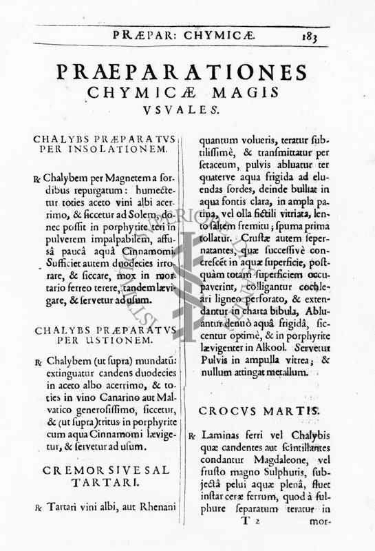 Prima pagina del capitolo "Praeparationes Chymicae Magis Usuales" tratta dal testo "Pharmacopoeia Londinensis in Qua Medicamenta Antique et Nova" (1639)