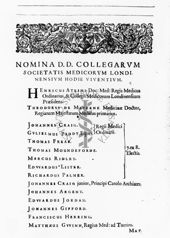 Pagina sulla "Nomina D.D. Collegarum Societatis Medicorum Londinensium Hodie Viventium" tratta dal testo "Pharmacopoeia Londinensis in Qua Medicamenta Antique et Nova" (1639)