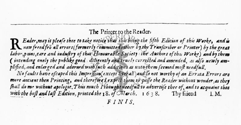 Paragrafo "The Printer to the Readers" tratto dal testo "Pharmacopoeia Londinensis in Qua Medicamenta Antique et Nova" (1639)