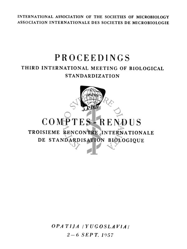 International association of the societies of microbiology - PROCEEDINGS - Third international meeting of biological standardization (Logo) - Opatija (Yugoslavia) 2-6 Sept. 1957